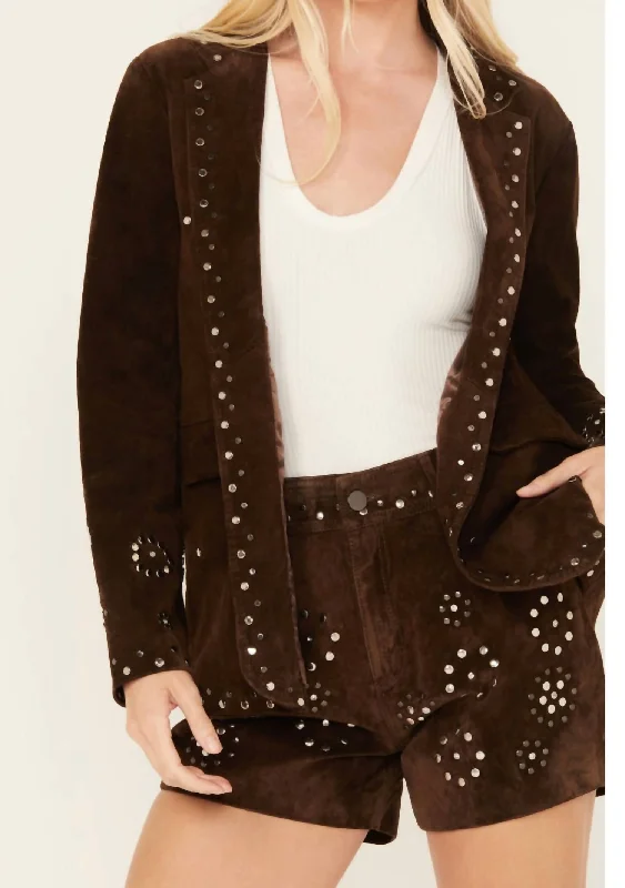 Luxury Women's Clothing Suede Studded Jacket In Chocolate Brown