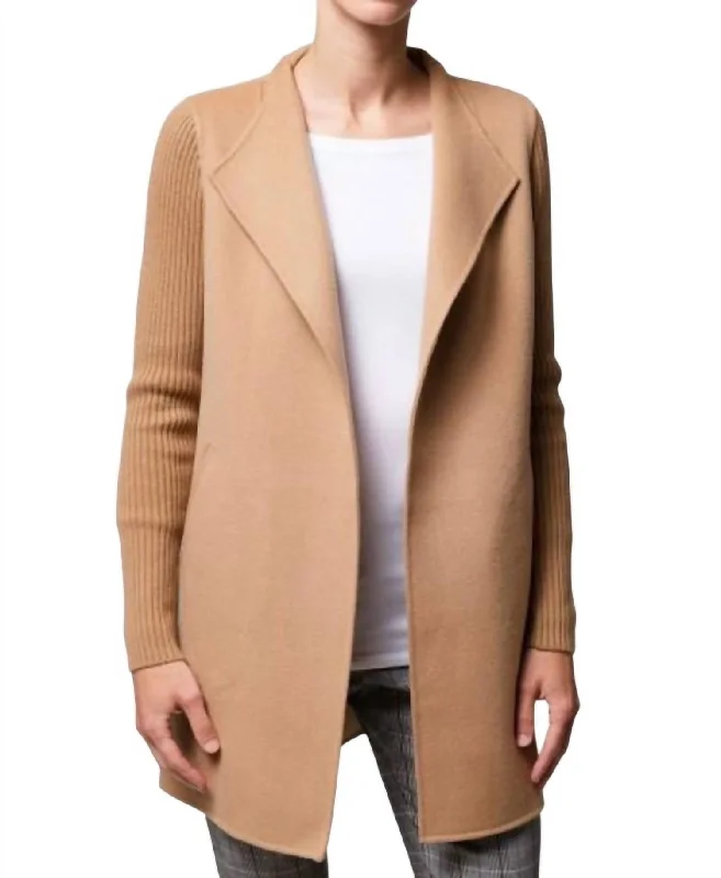 Women's Stylish Professional Apparel Rib Sleeve Coat In Camel