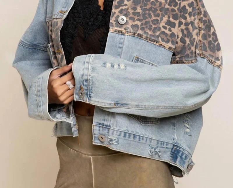 Women's Clothing Apparel Sets Off Duty Leopard Denim Jacket In Light Wash