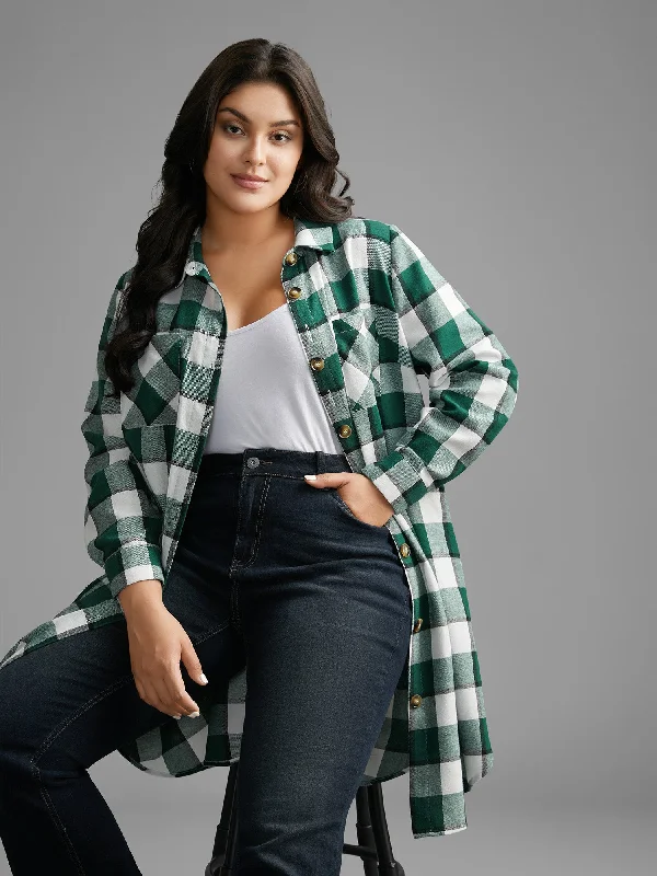 Women's Comfortable Lounge Outfit Plaid Patched Pocket Arc Hem Jacket