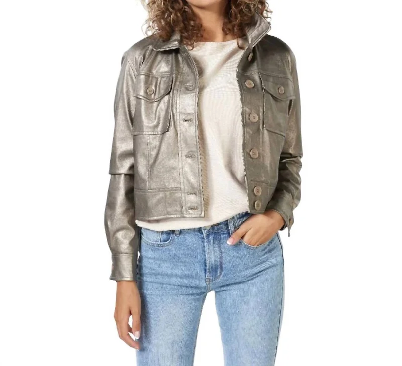 Women's Plus-Size Casual Outfit Faux Leather Button-Up Jacket In Soft Gold