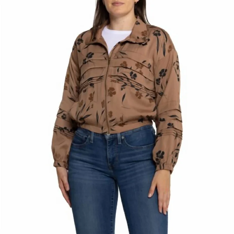 Women's Athletic Apparel Floral Zip Front Bomber Jacket In Chai