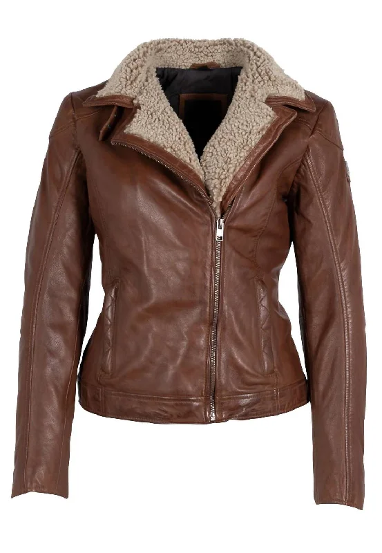 Stylish Women's Garments Women Jenja Lamb Leather Jacket With Teddy Fur Trim In Dark Cognac