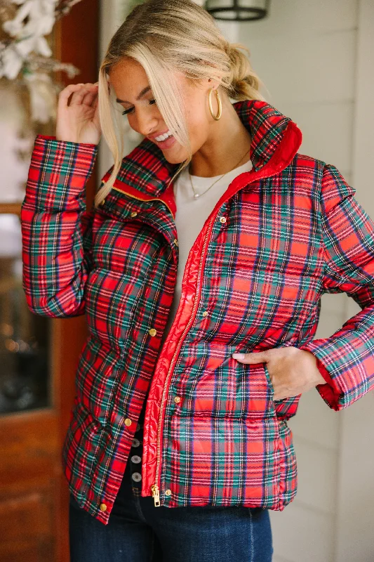 Women's Charming Outfit For Events More The Merrier Red Tartan Plaid Puffer Jacket