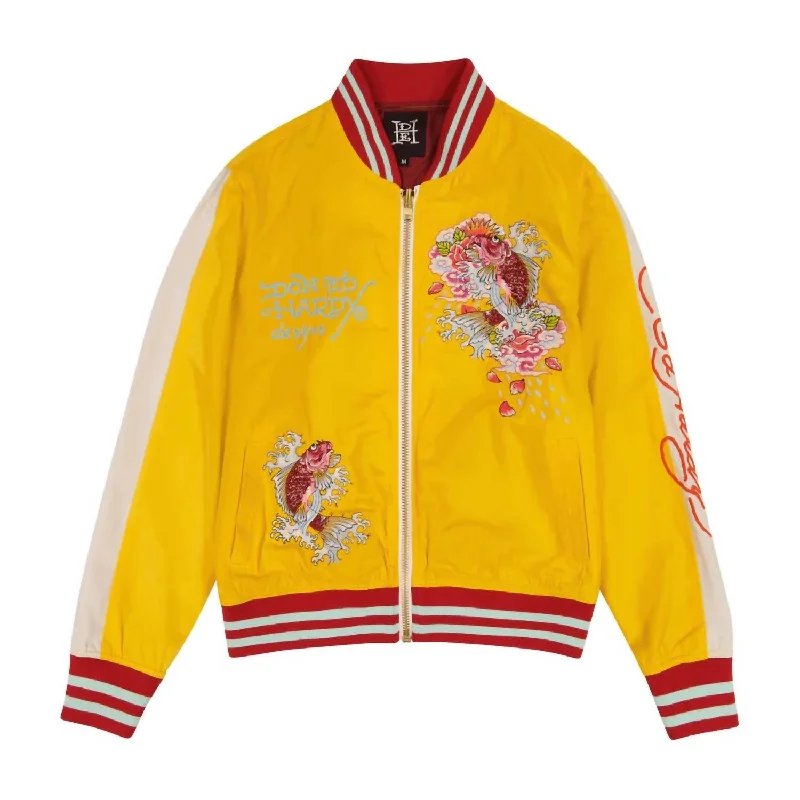 Women's Trendy Casual Clothes Women's Koi Cranes Souvenir Jacket In Gold White