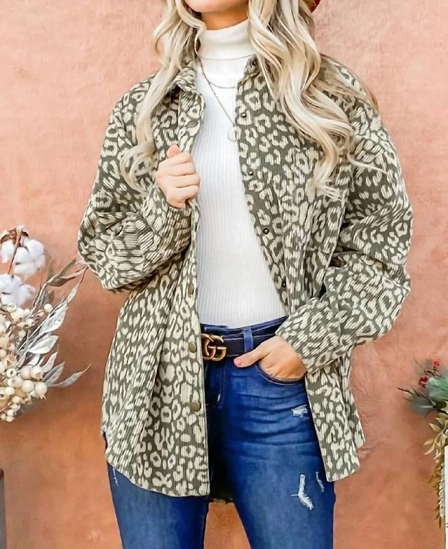 Women's Relaxed Clothes Leopard Corduroy Jacket In Olive