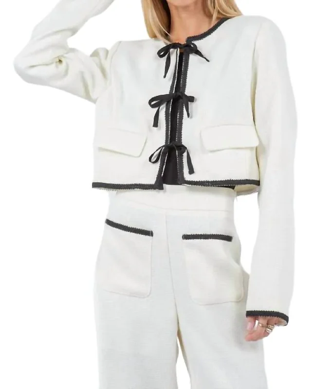 Women's Clothing For Work Cropped Contrast Trim Jacket In Ivory