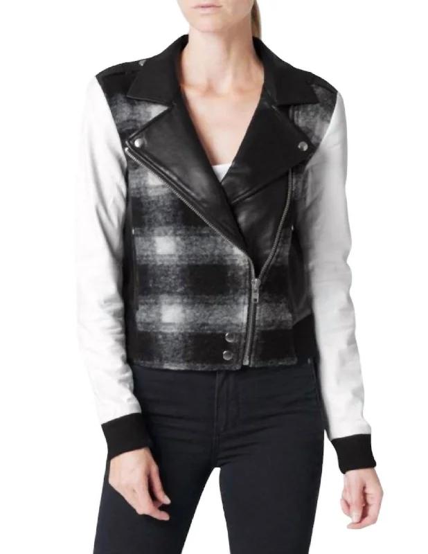 Women's Stylish Casual Garments Shelley Leather Wool Blend Plaid Moto Jacket In Black, White