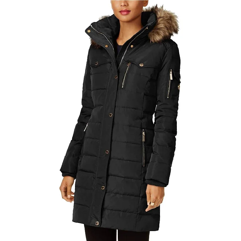 Charming Women's Outfit For Special Occasions Faux Fur Trim Removable Hood Down Puffer Coat In Black