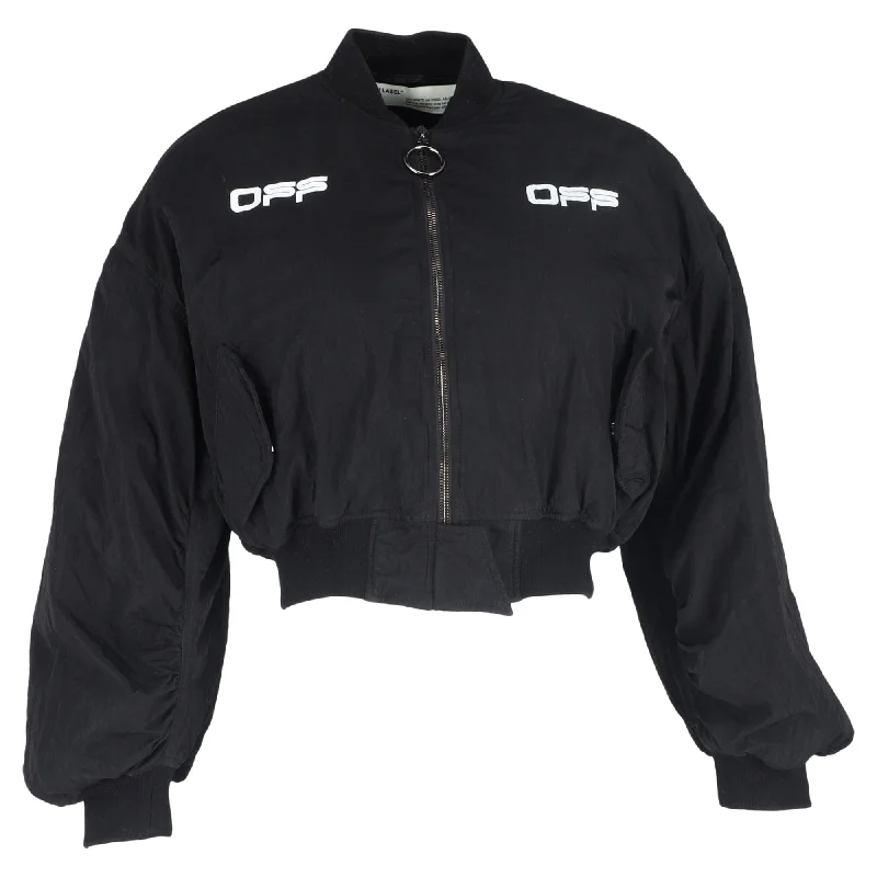 Stylish Fashion At Unbeatable Prices – Shop Off-White Logo Print Zipped Cropped Bomber Jacket in Black Polyamide