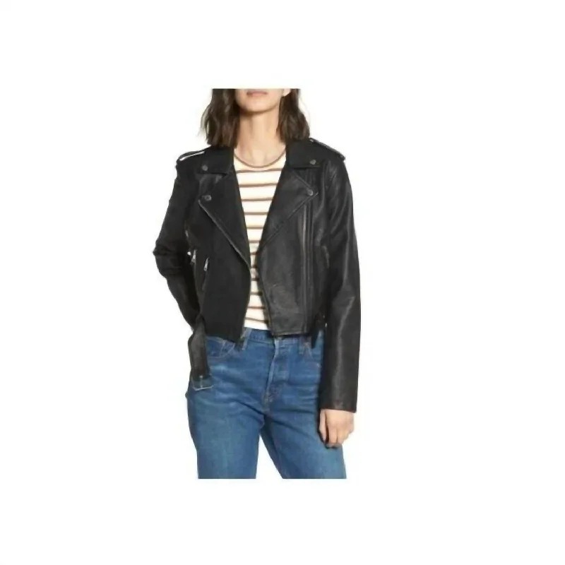 Women's Holiday Apparel Faux Leather Belted Asymmetrical Motorcycle Jacket In Black