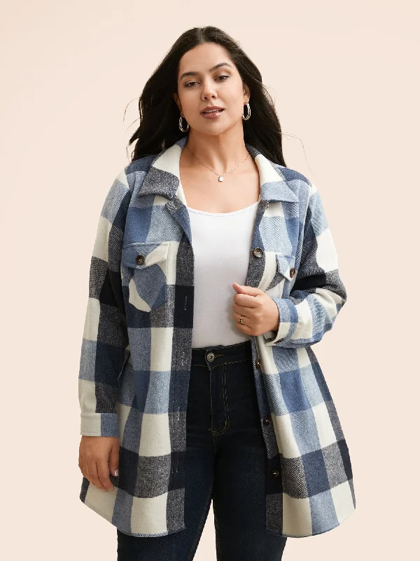 Fashionable Women's Clothing Plaid Chest Pockets Long Jacket