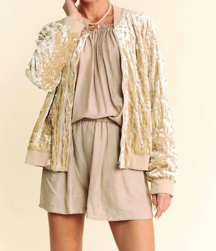 Women's Chic Outfit Velvet Quilted Jacket With Rhinestones In Beige