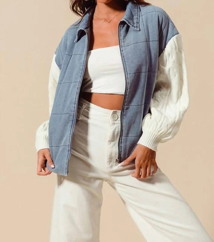 Fashionable Women's Outfit Square Quilted Denim Jacket In Blue/cream