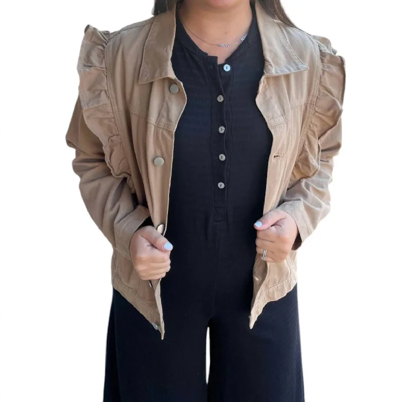 Premium Fashion At Promotional Prices – Limited Time Only Ruffled Denim Jacket In Tan