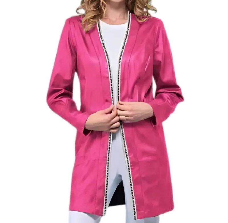 Charming Women's Holiday Apparel Long Vegan Leather Jacket In Magenta