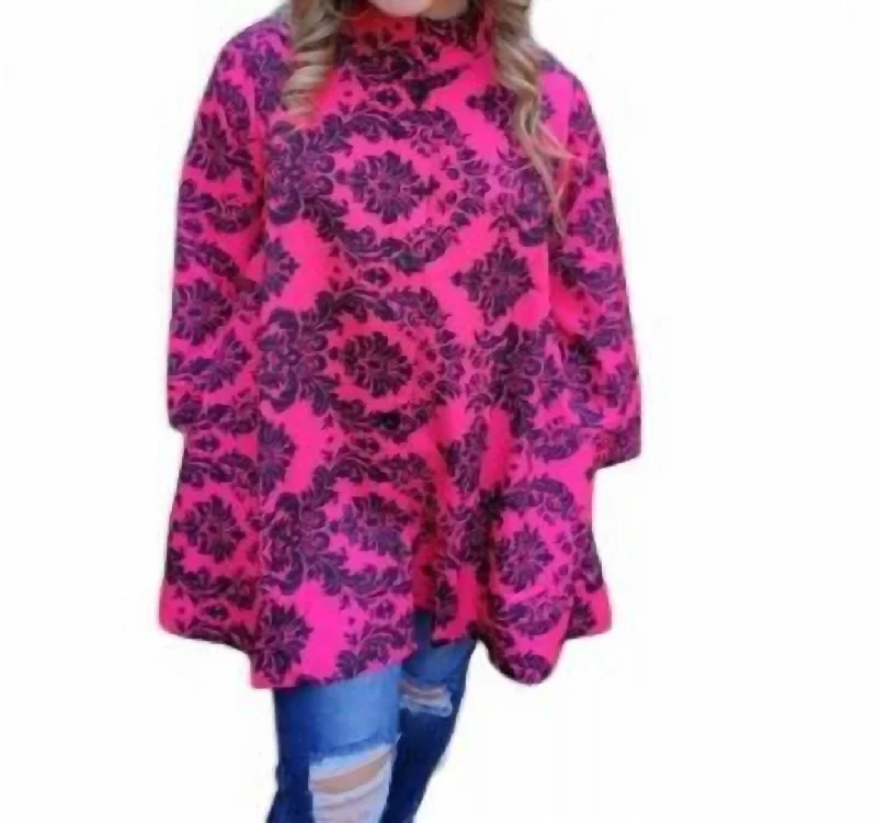 Women's Stylish Casual Garments Damask Print Swing Jacket In Hot Pink/black