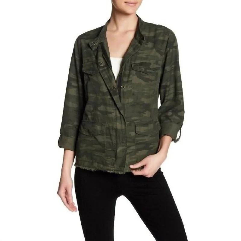 Women's Clothes Fray Hem Utility Camo Print Military Jacket In Green