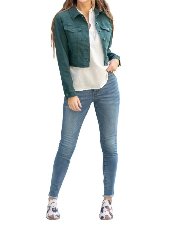 Women's Casual Wear Outfit Garment Dyed Grinding Denim Jacket In Teal