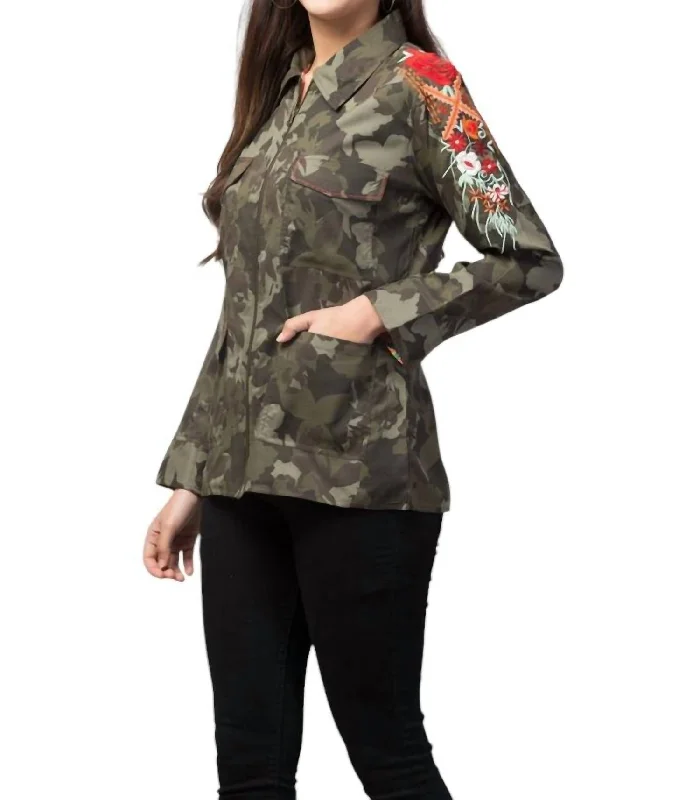 Fashionable Women's Outfit Camo Embroidered Jacket In Camouflage