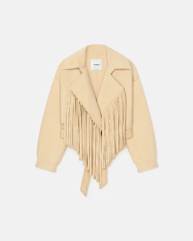 Women's Clothes For Work Events Ticia - Fringed Double Wool Jacket - Creme