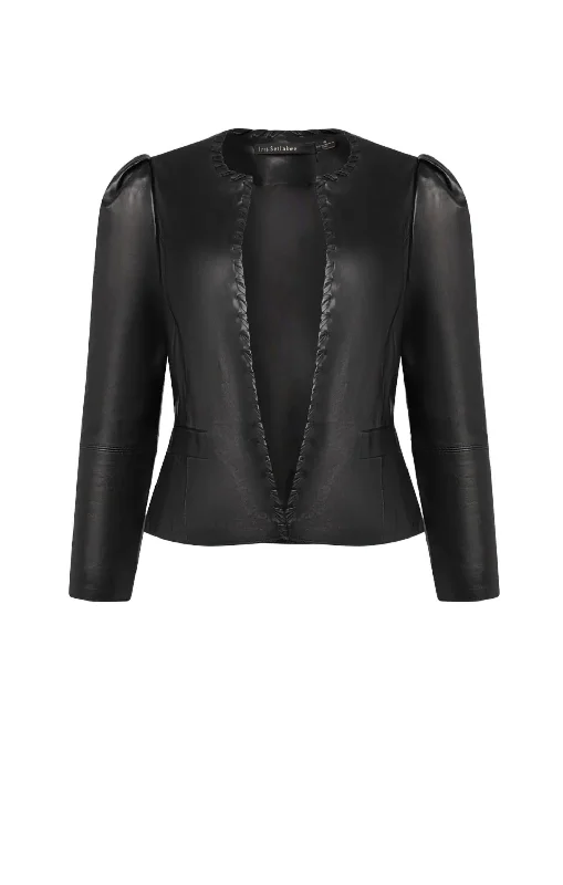 Women's Urban Clothing Women's Lamb Leather Puffy Sleeves Crop Jacket In Black