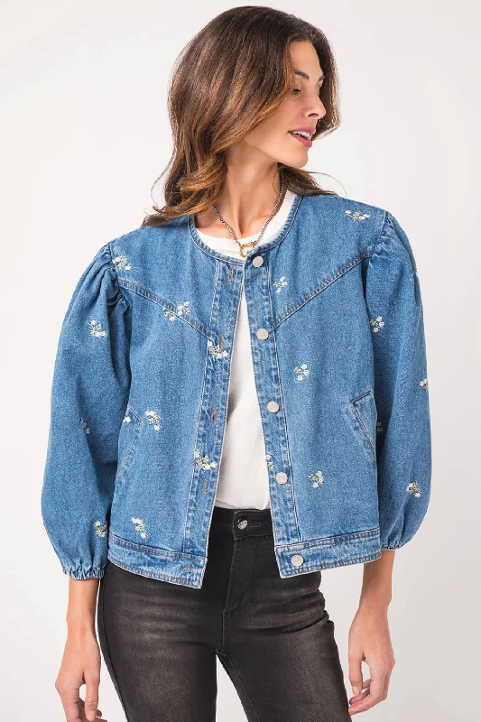 Women's Office Clothing Heyson Embroidered Denim Jacket with Puff Sleeves