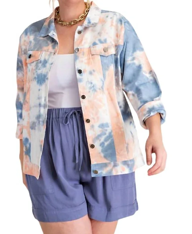 Women's Clothes And Apparel Sets Tie -Dyed Denim Trucker Jacket In Navy/orange