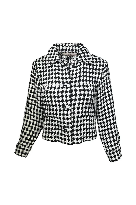 Women's Resort Apparel Women's Geometric Tweed Cropped Jacket In Blk Ivory