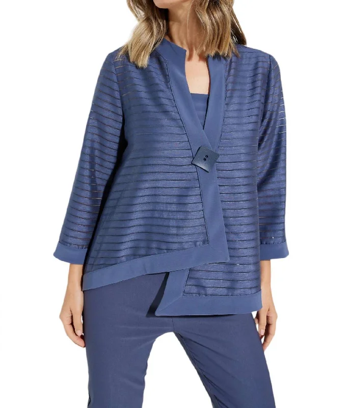 Women's Casual Apparel Striped Three-Quarter Sleeve Jacket In Mineral Blue