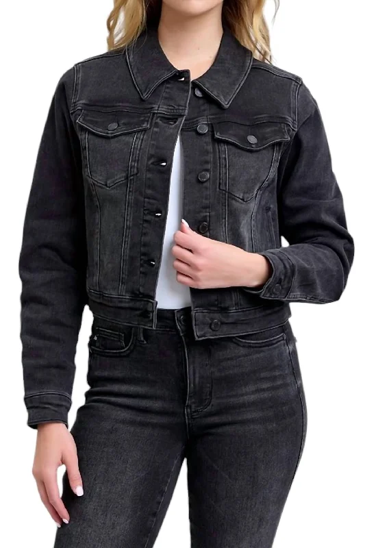 Women's Work Outfit Mid Length Denim Jacket In Black