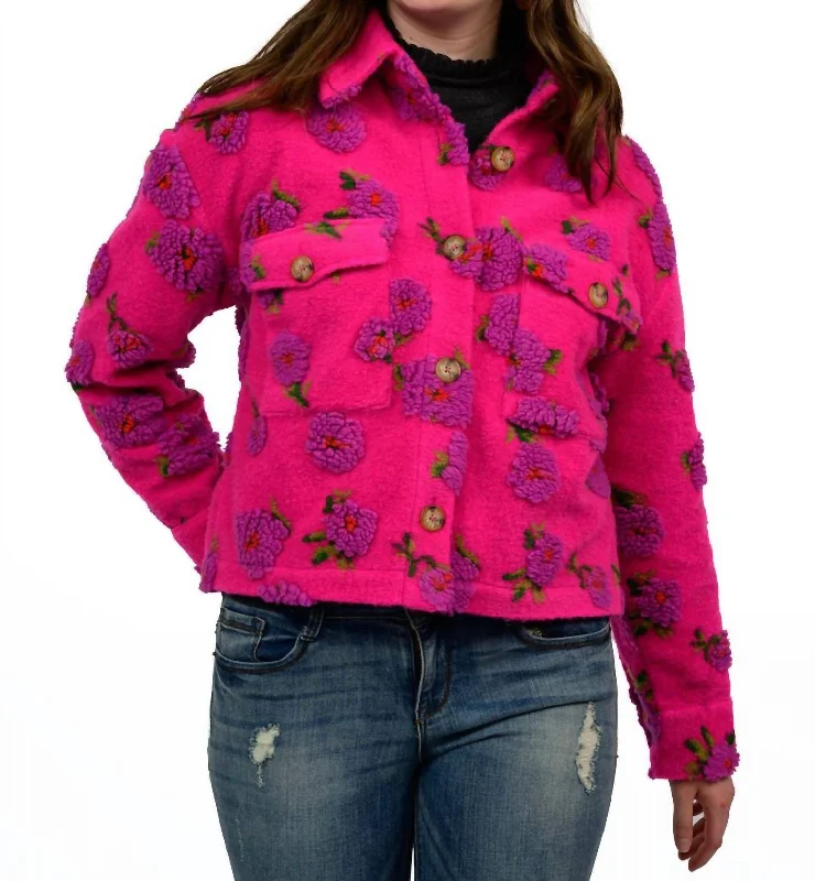 Women's Wedding Apparel Puff Floral Barn Jacket In Fuchsia