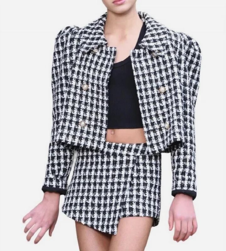 Women's Formal Event Outfit Plaid Jacket And Shorts Set In Black And White