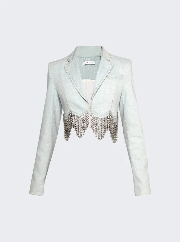 Women's Formal Event Clothing Scalloped Crystal Cropped Denim Jacket