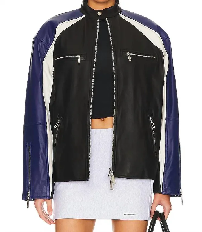 Flash Sale On Trendy Outfits – Don't Miss Out Oversized Racing Leather Moto Jacket In Black,blue