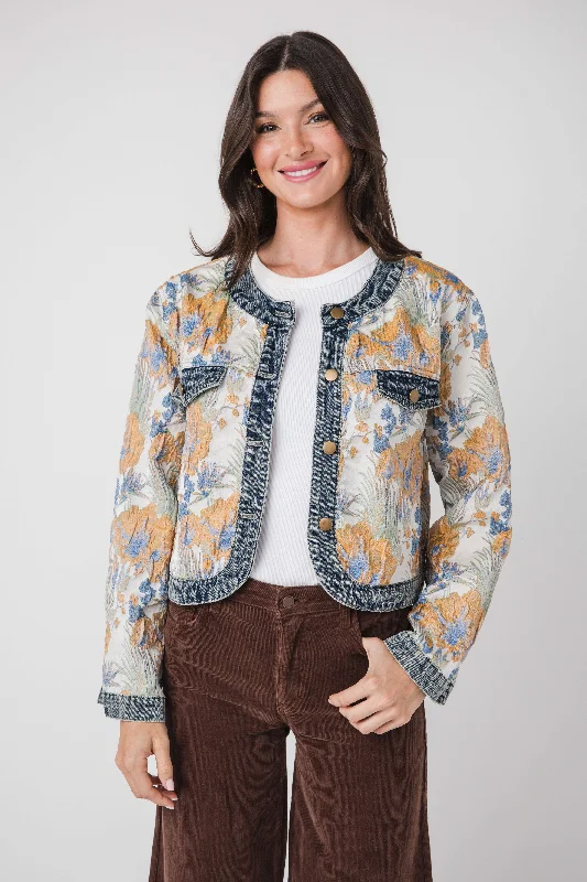 Women's Travel Garments AnnieWear Floral Jacquard Denim Contrast Jacket