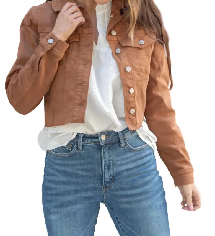 Women's Clothing Outfit Set Garment Dyed Grinding Denim Jacket In Camel