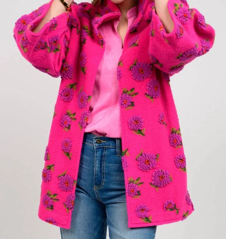 Women's Comfortable Clothes For Weekends Puff Floral Sherpa Jacket In Fuchsia