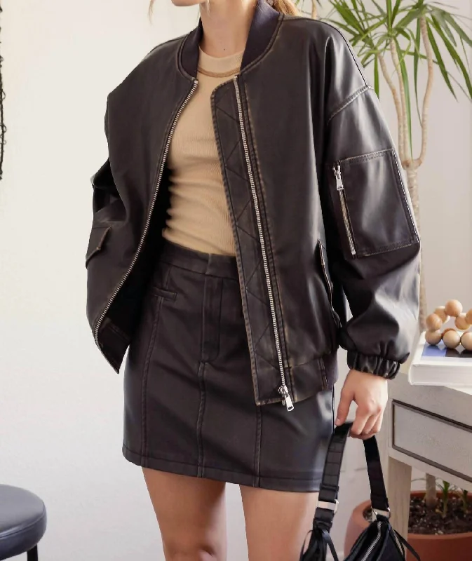 Women's Evening Clothes Oversized Faux Leather Bomber Jacket In Dark Brown