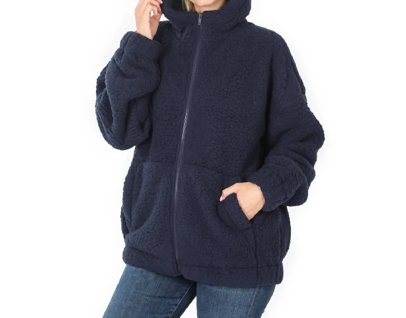 Comfortable Women's Clothing Sherpa Hooded Zipper Jacket In Navy