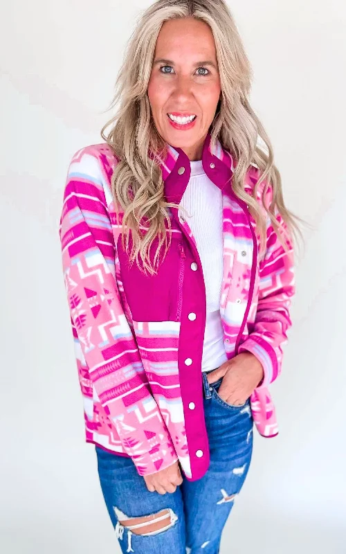 Unbeatable Discounts On The Latest Fashion Trends Hot Pink Aztec Fleece Snap Up Outdoor Jacket - Final Sale