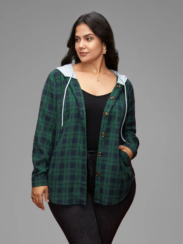 Stylish Women's Outfit Plaid Hooded Drawstring Jacket