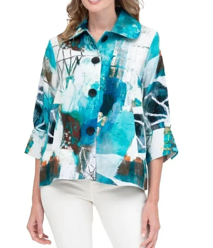 Women's Professional Clothes Oil Painting Jacket In Turquoise White