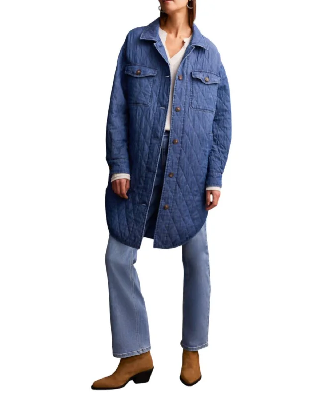 Women's Luxury Apparel Long Quilted Jacket In Blue Chambray