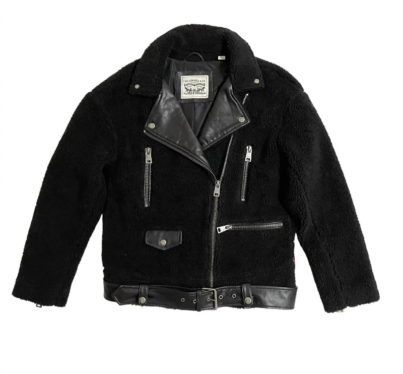 Vintage-Inspired Garments Women's Sherpa Oversized Belted Motorcycle Jacket In Black