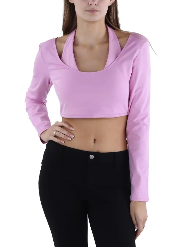 Womens Halter Long Sleeve Crop Top