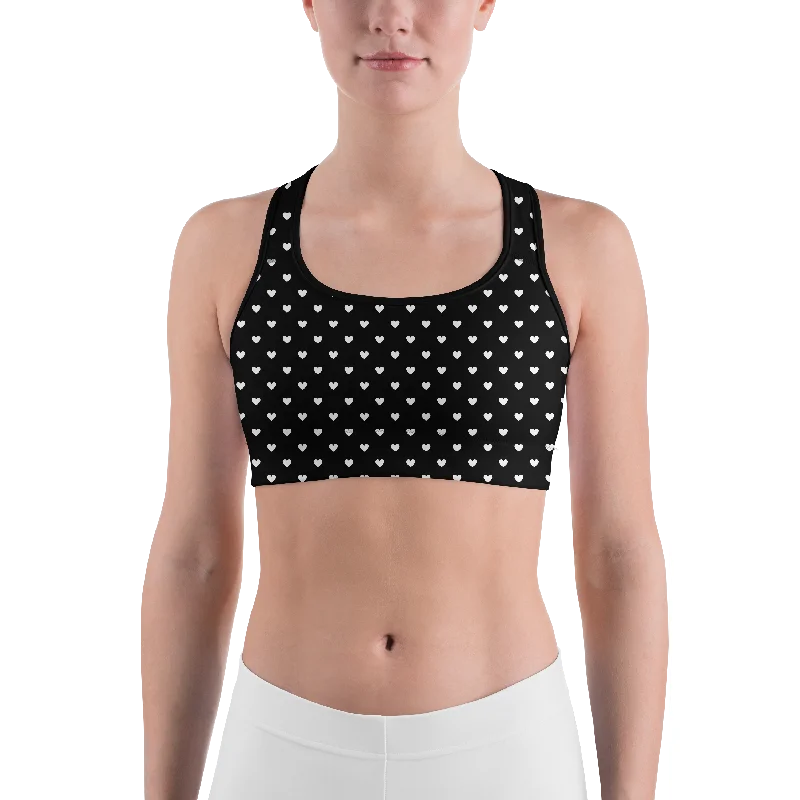 White Mini Hearts Black Sports Bra