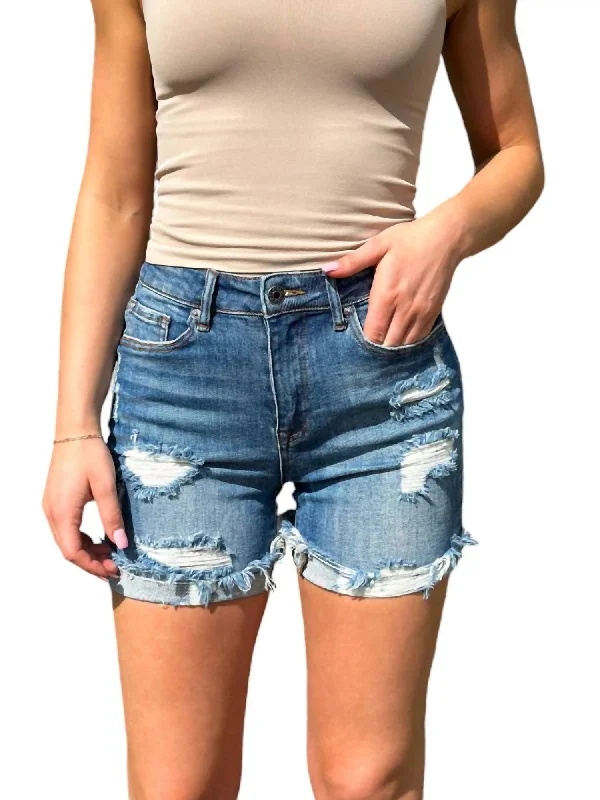 Distressed Cuffed Shorts In Medium Wash